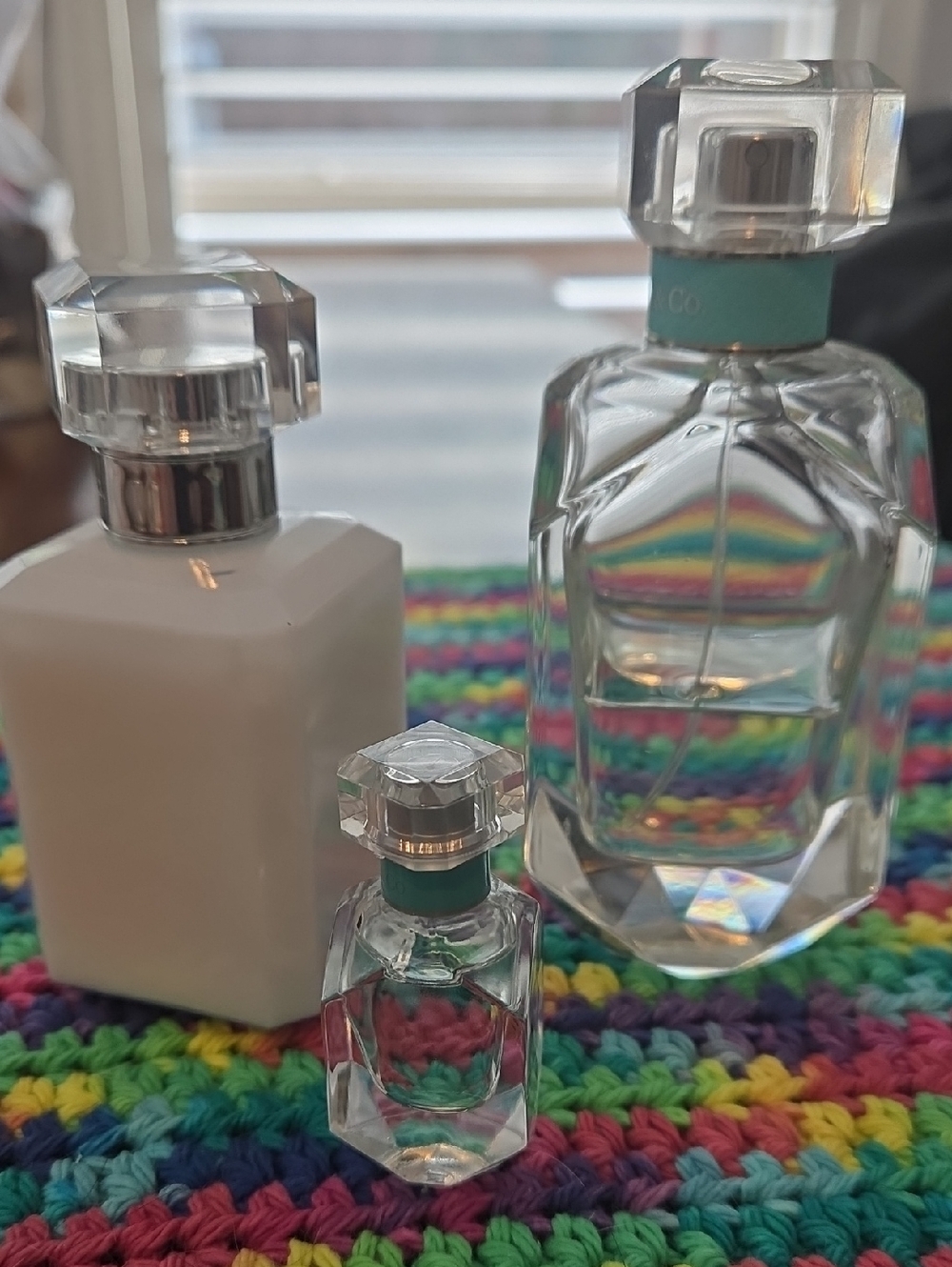 Tiffany & Co. Clear Glass Perfume Bottles with Teal Accents